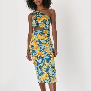 Lulu’s Vacay Ways Teal Floral Satin One-Shoulder Cutout Midi Dress